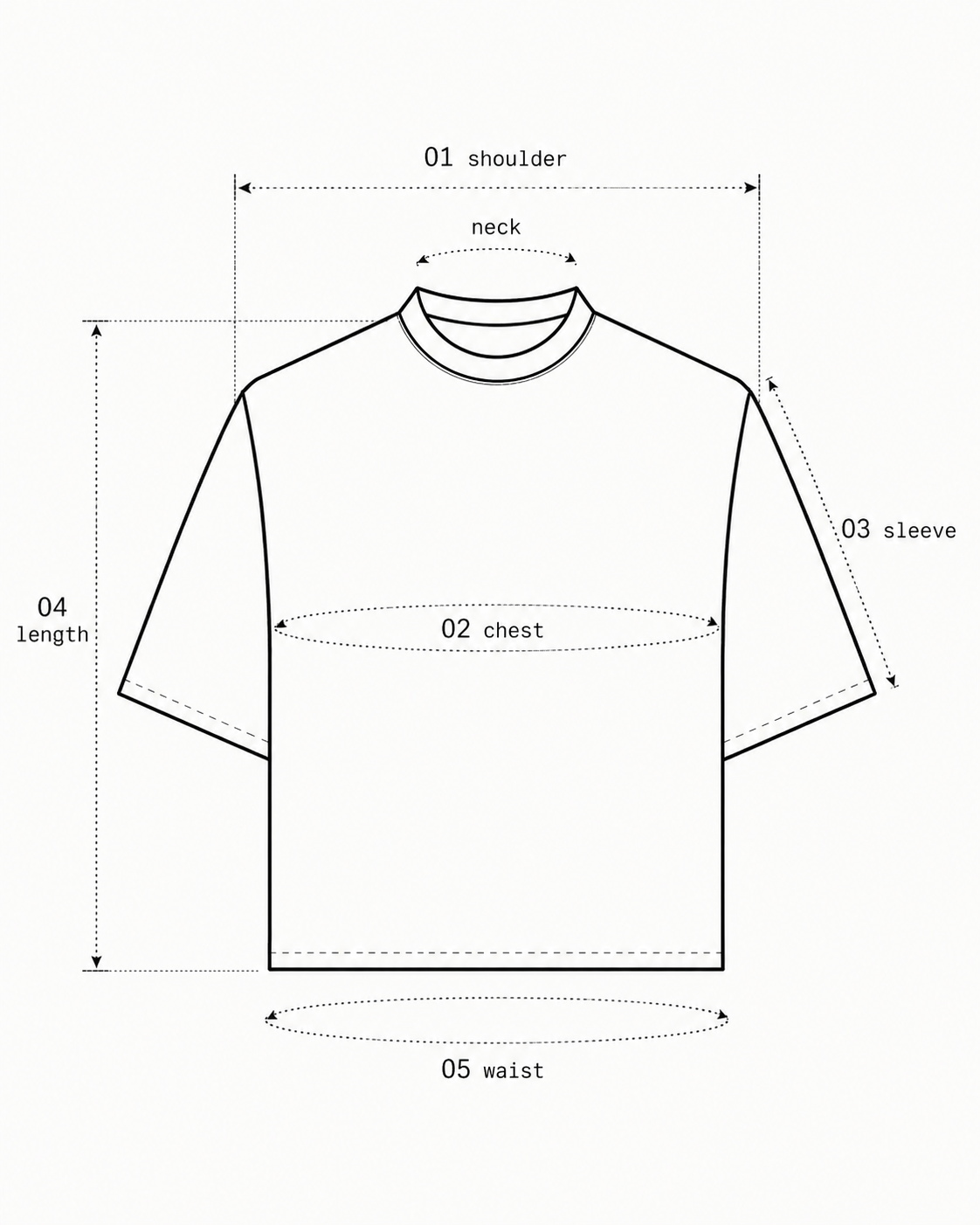 Measurement guide — shoulder, neck, chest, sleeve, length, waist
